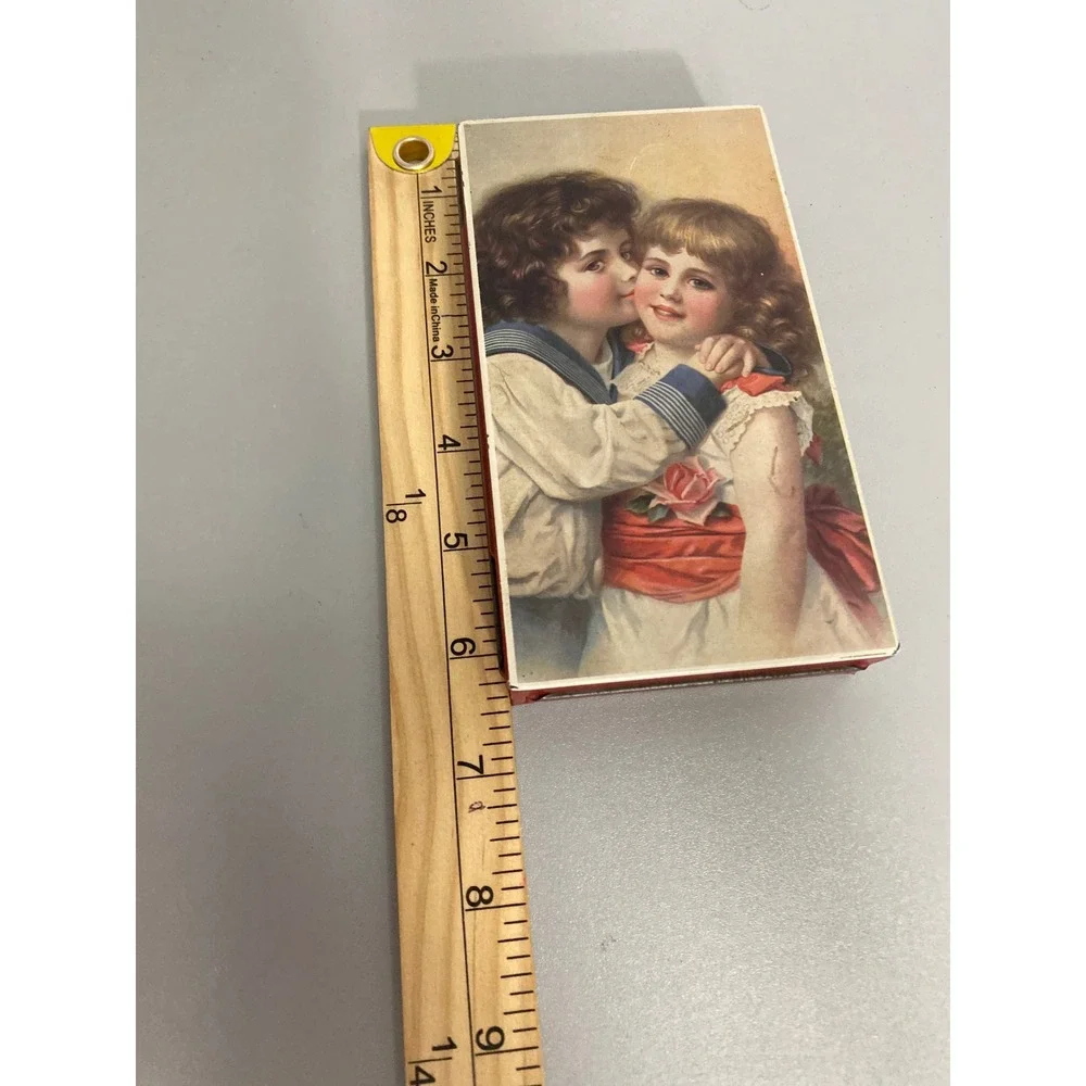 Vintage Hoffmann Swiss Made Hinged Tin Box Children Kissing Romantic Artwork Red